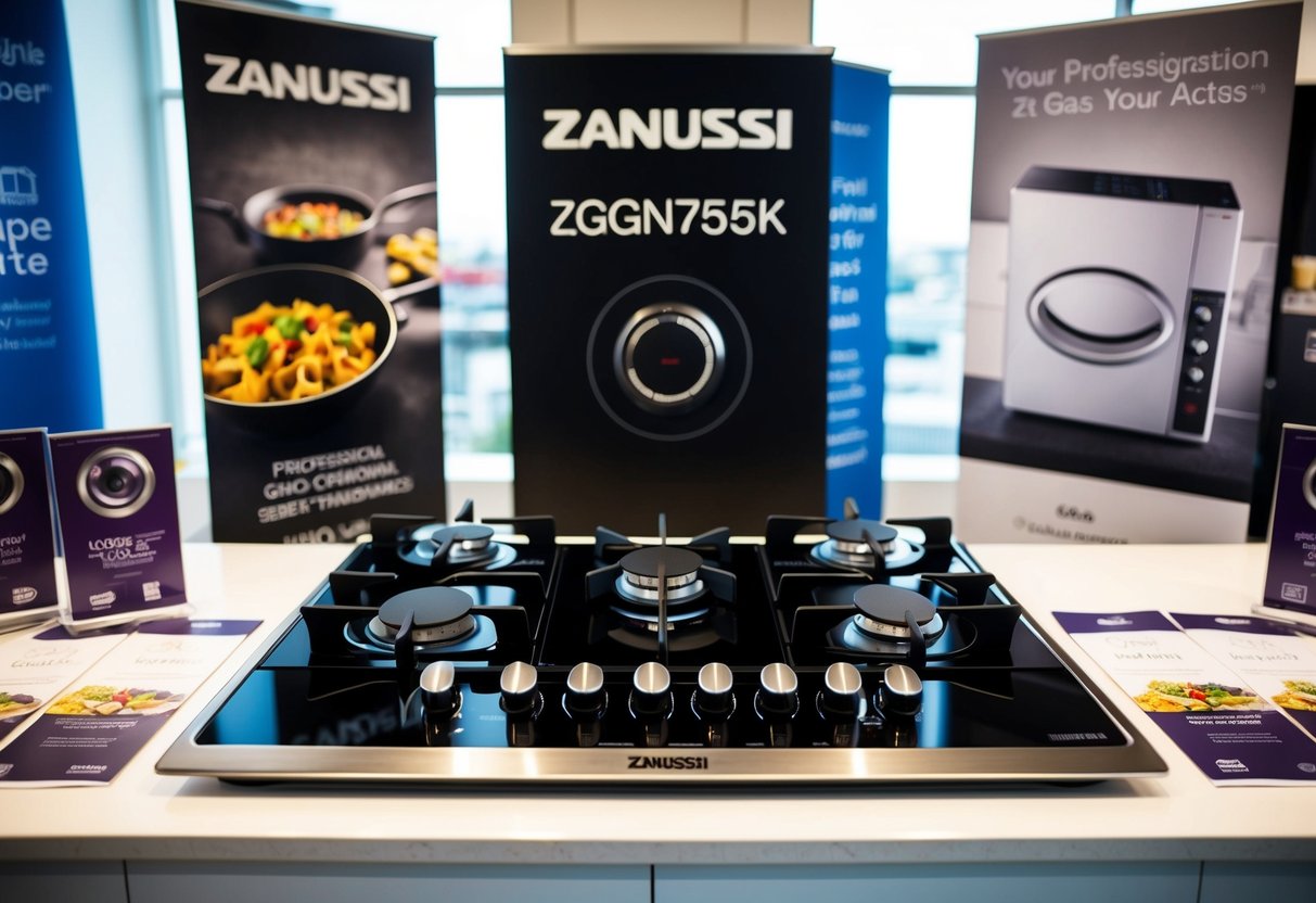 A sleek Zanussi ZGGN755K Gas Hob sits on a modern kitchen counter, surrounded by promotional materials and banners