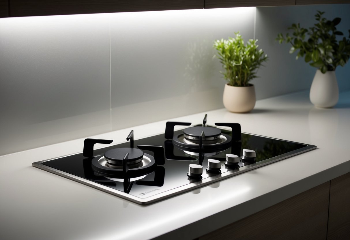 A sleek Bosch Serie 4 PGP6B5B90 Gas Hob sits atop a clean, modern kitchen counter, with soft lighting highlighting its stainless steel finish