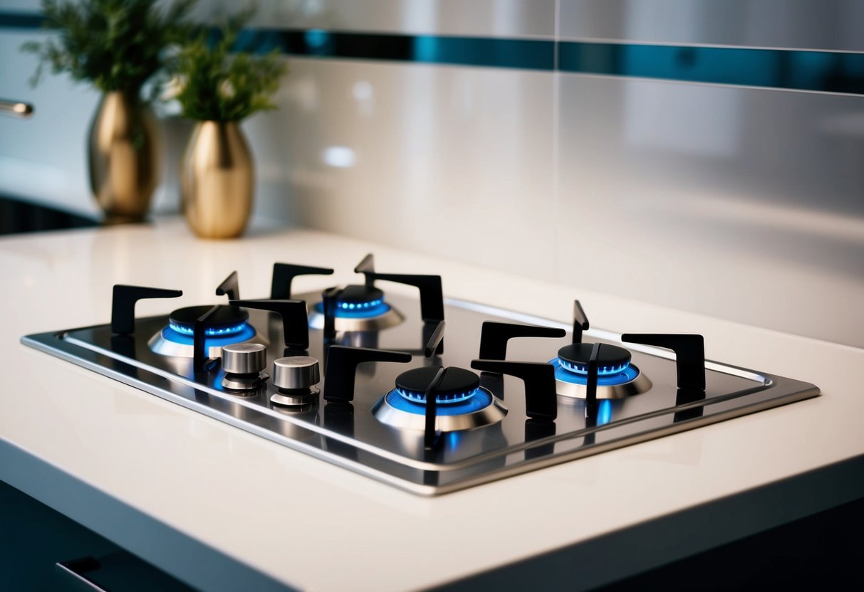 A sleek, stainless steel gas hob with illuminated control knobs sits on a clean, modern kitchen countertop