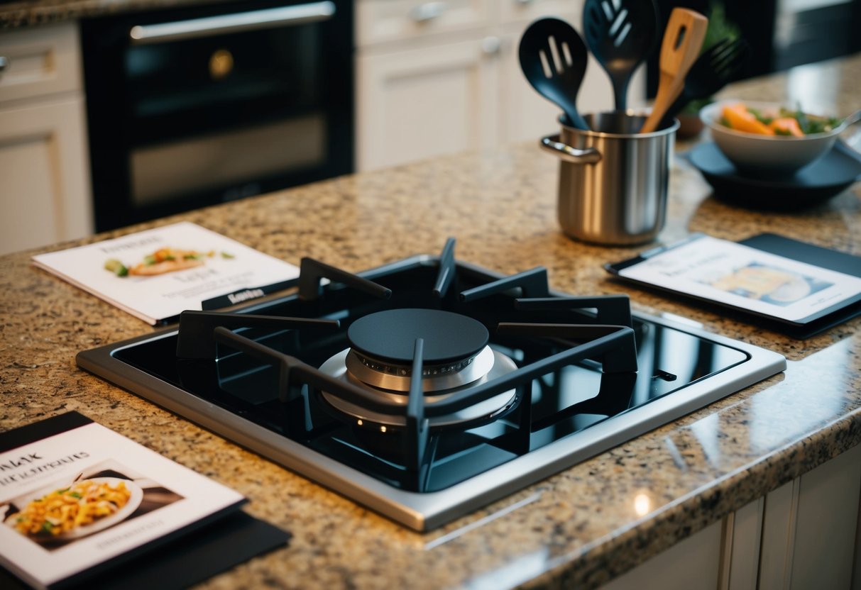 A sleek stainless steel gas hob sits on a granite countertop, surrounded by promotional materials and cooking utensils