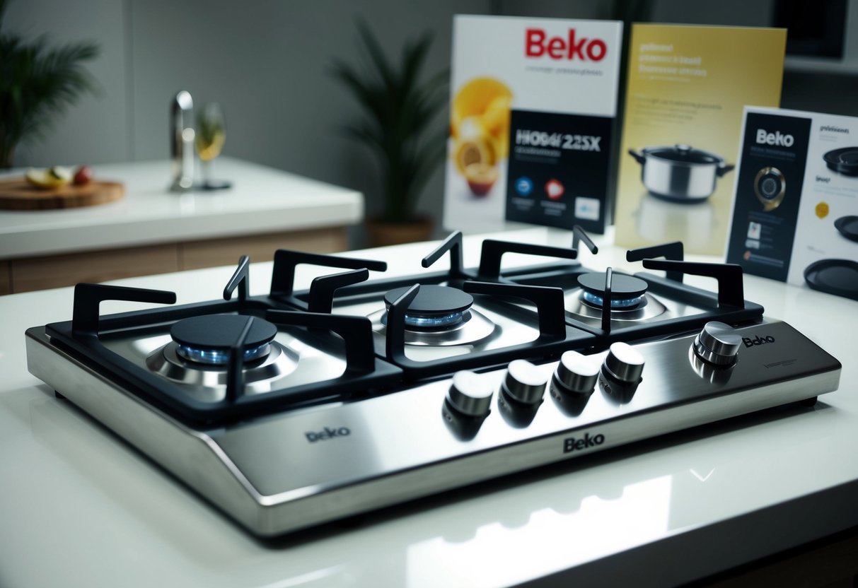 A sleek stainless steel gas hob with multiple burners, featuring the Beko HIGG64120SX logo and promotional materials