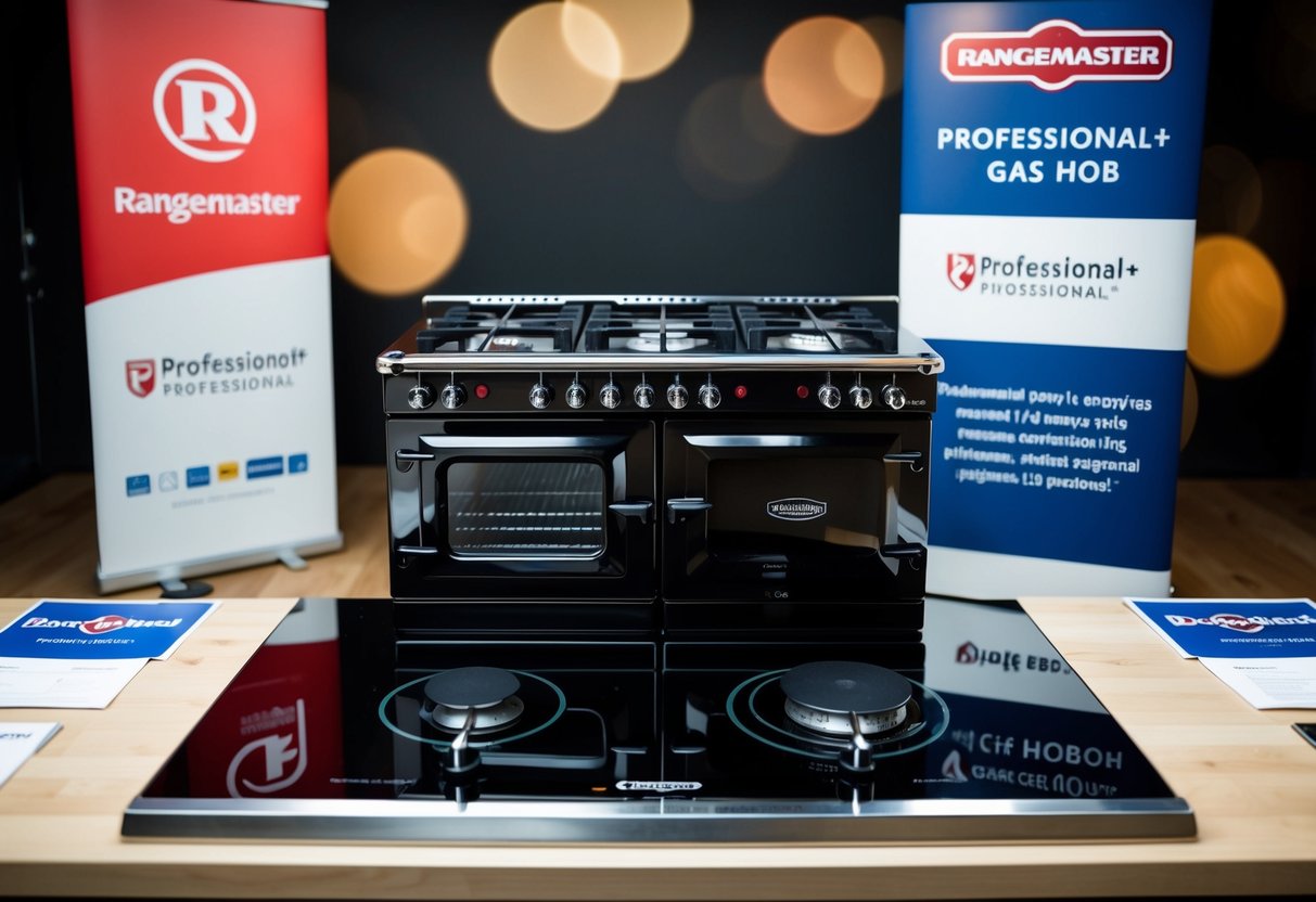A close-up of the Rangemaster Professional+ 110 gas hob with promotional banners and logos displayed around it