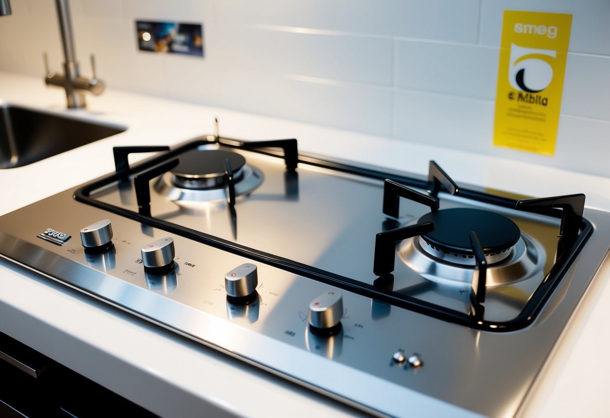 A sleek stainless steel gas hob with four burners, featuring prominent "Smeg" branding and a promotional sticker