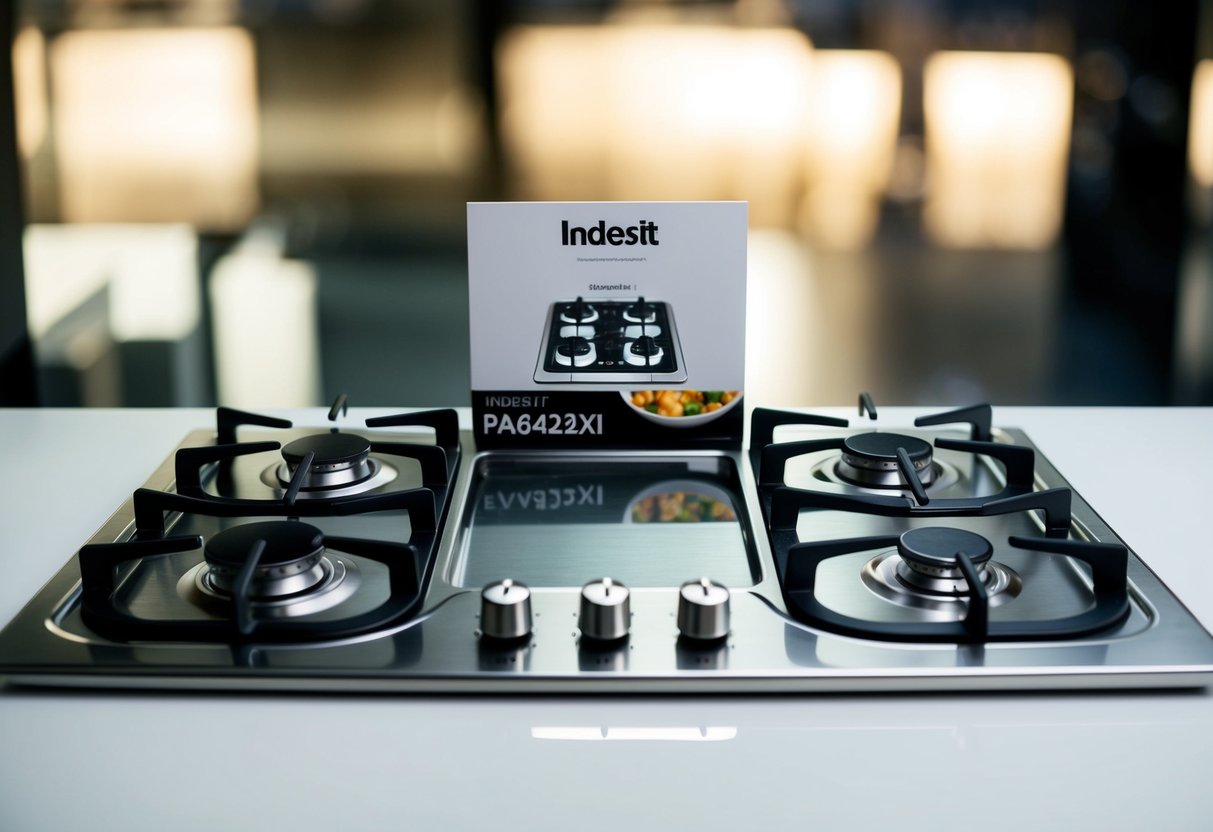 A sleek stainless steel gas hob with four burners, featuring a promotional display of the Indesit PAA642IXI model