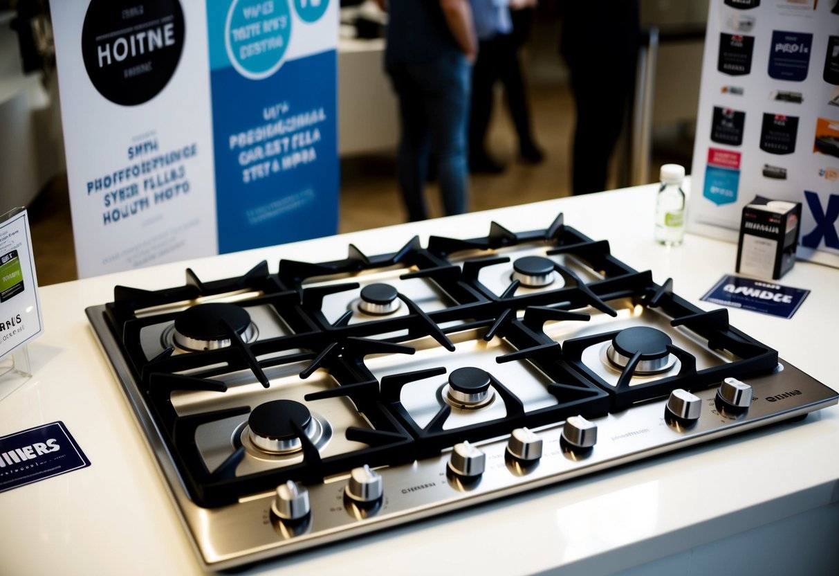 A sleek stainless steel gas hob with five burners, featuring promotional stickers and banners displayed nearby