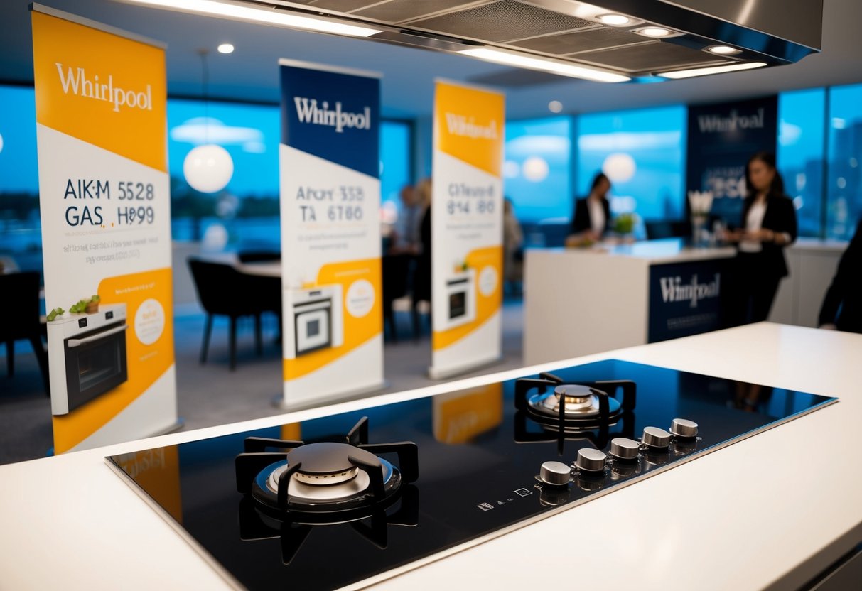 A modern kitchen with a sleek Whirlpool AKM 528 JA gas hob as the focal point, surrounded by promotional materials and banners