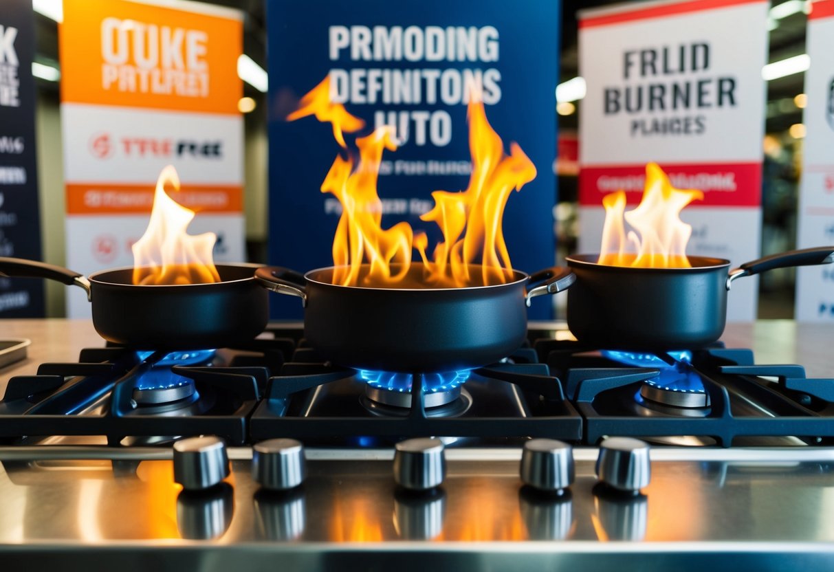 A gas hob with flames burning under pots, surrounded by promotional signage and banners