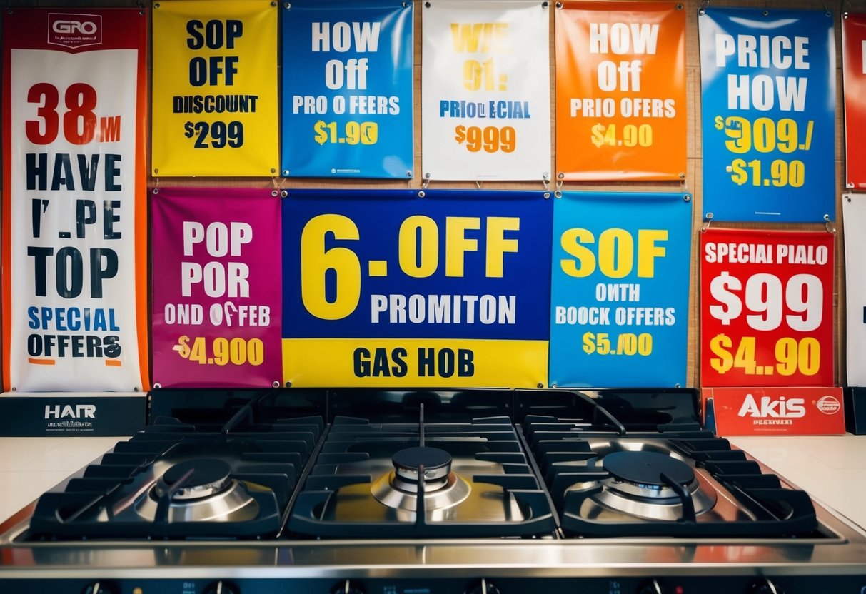 A gas hob surrounded by various promotional banners and signs, with bright colors and bold lettering. A display of discounted prices and special offers