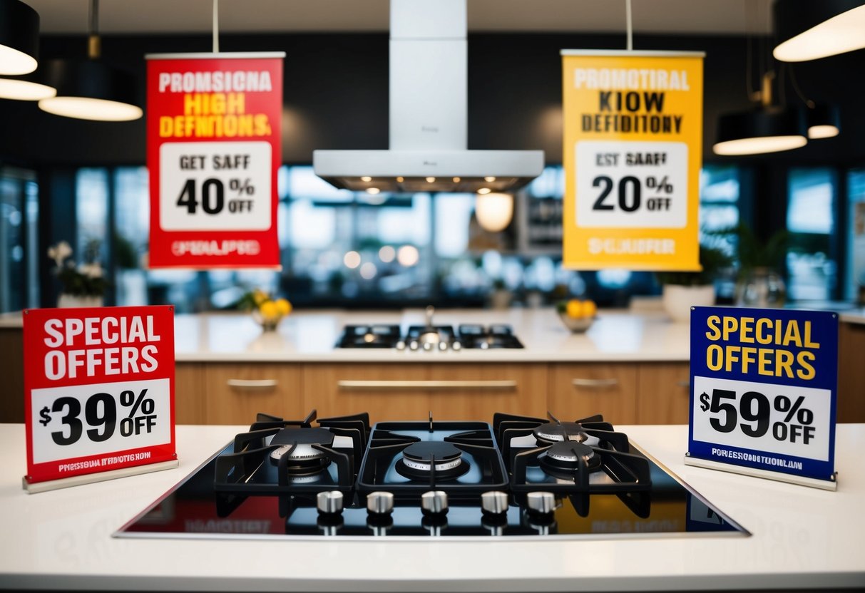A modern kitchen with a sleek gas hob as the focal point, surrounded by promotional banners and signs highlighting special offers and discounts