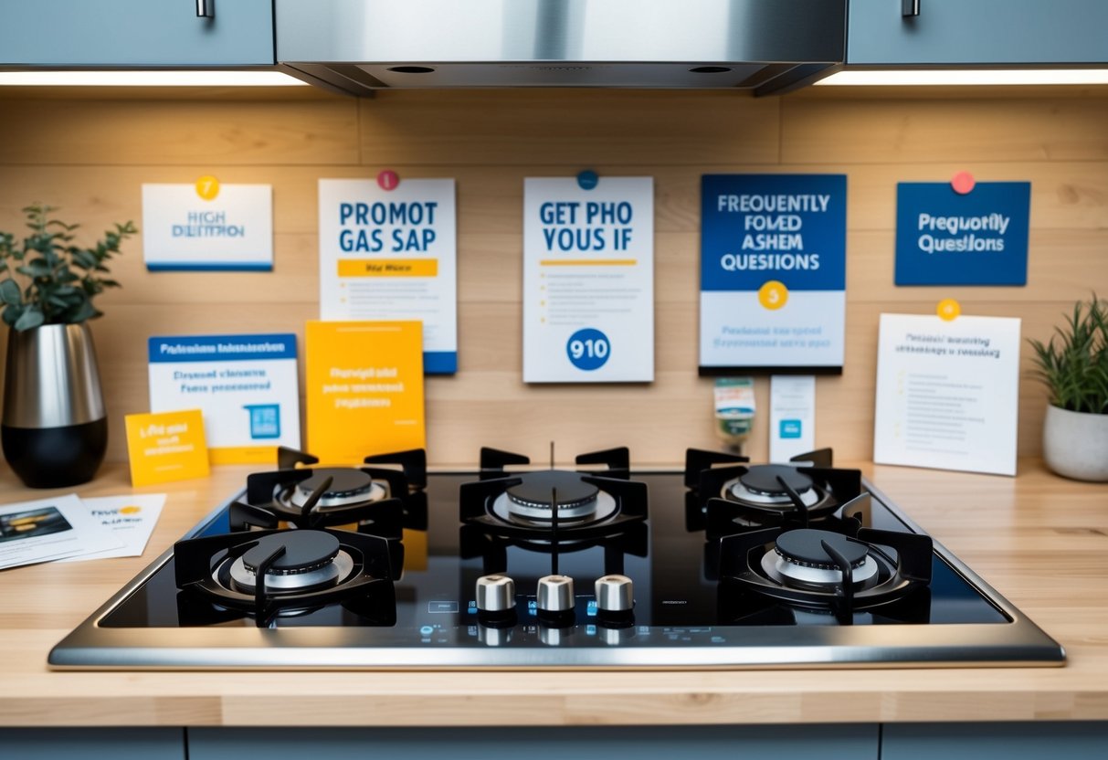 A kitchen with a modern gas hob surrounded by promotional materials and frequently asked questions