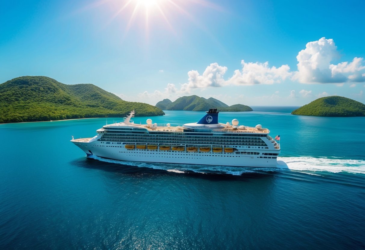 A luxurious cruise ship sails through clear blue waters, surrounded by lush green islands and a bright, sunny sky
