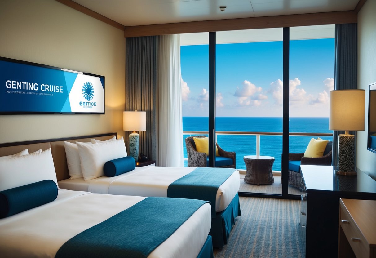 A cozy family room with discounted rates, featuring a view of the ocean and a promotional sign for Genting Cruise