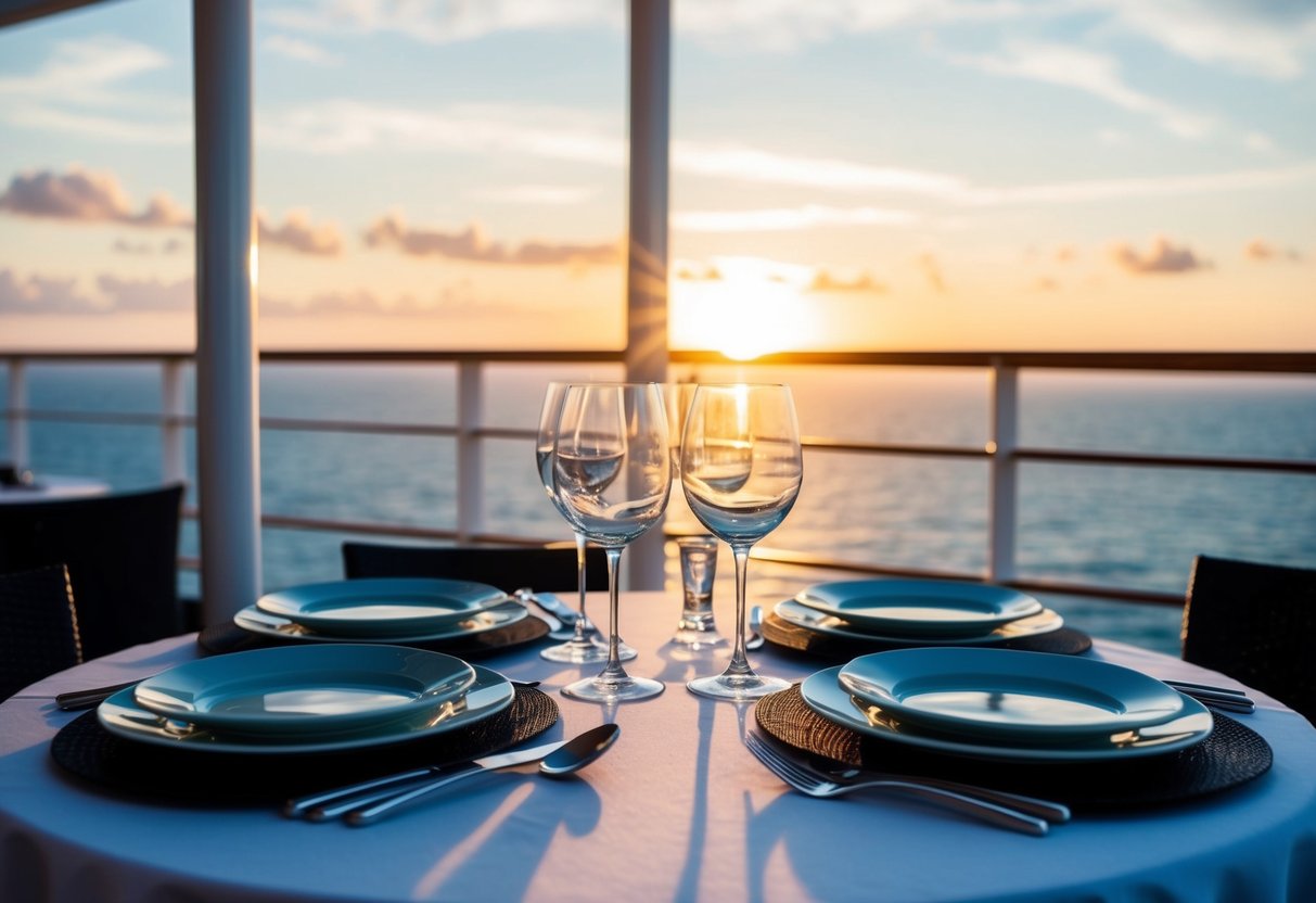 A table set with wine glasses, plates, and cutlery on a cruise ship deck with a view of the ocean at sunset