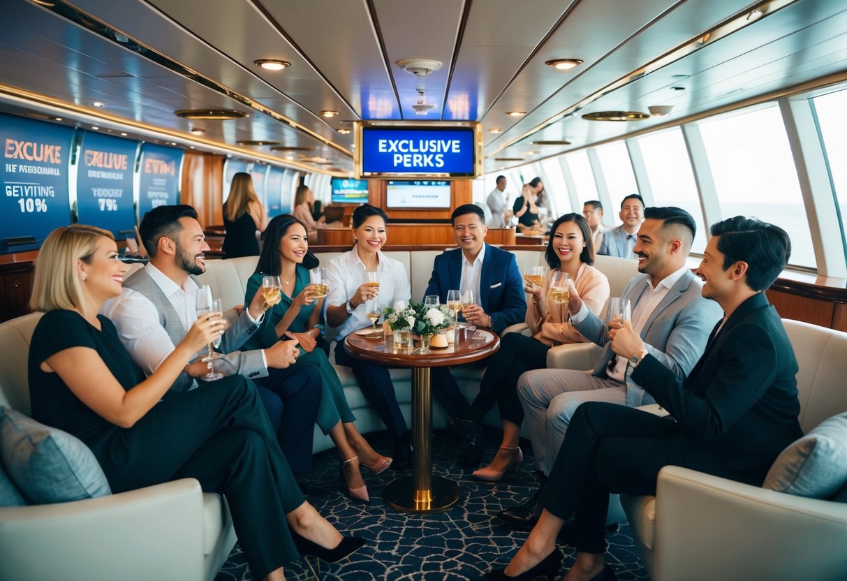 A group of people enjoying exclusive perks on a Genting cruise, with special promotions and discounts visible throughout the ship