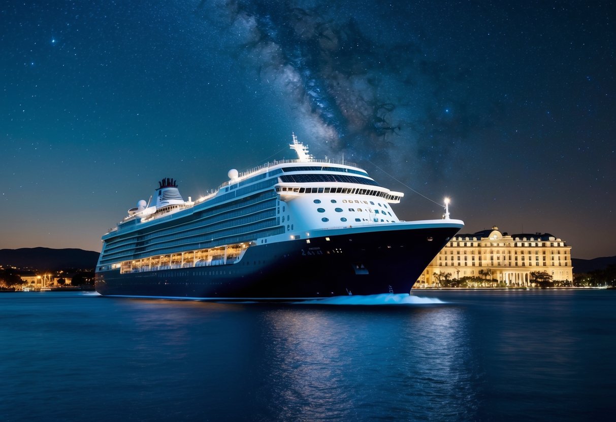A luxurious cruise ship sailing under a starry night sky, with a grand hotel in the background offering exclusive stay packages