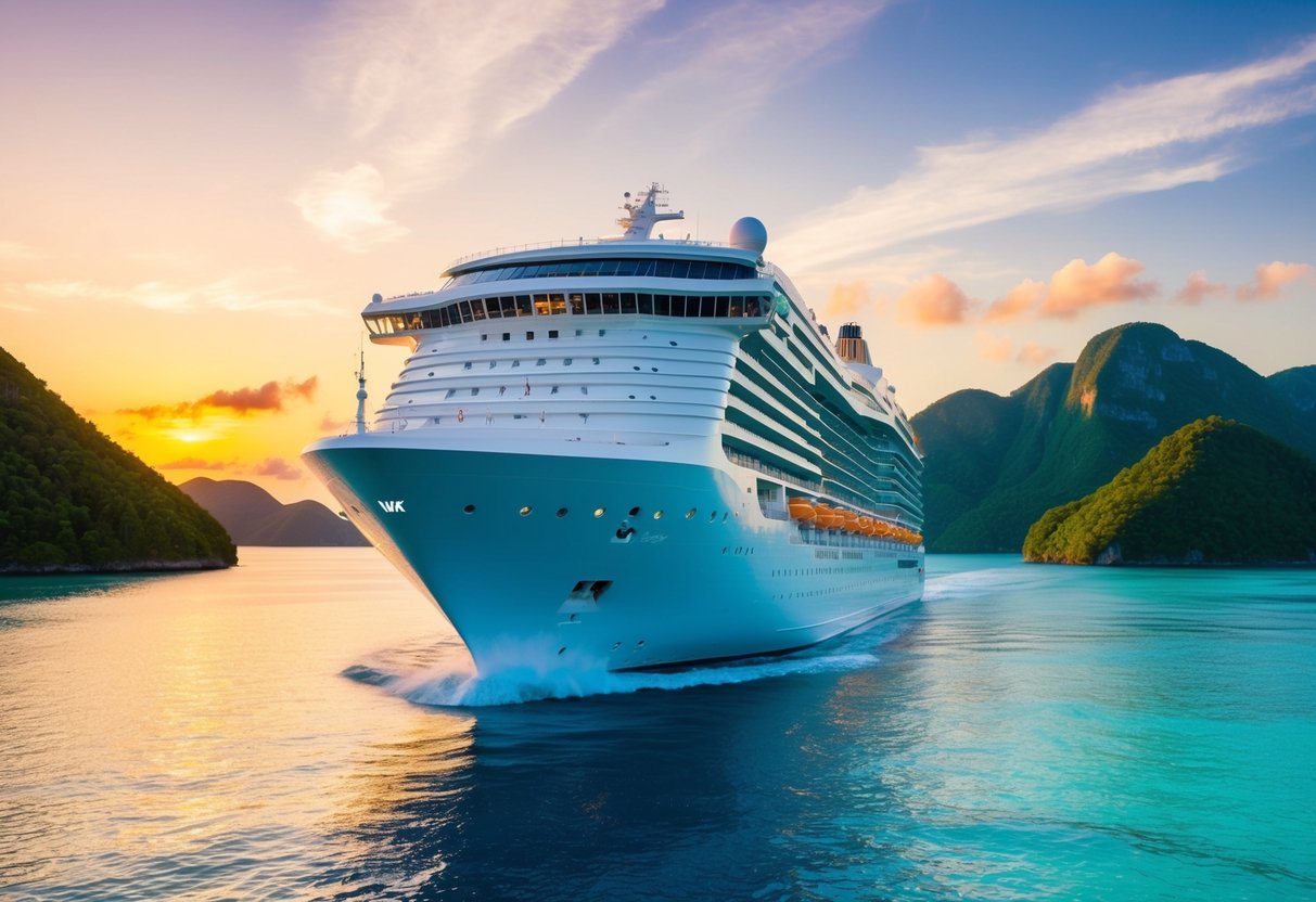 A luxurious cruise ship sailing through crystal-clear waters, surrounded by lush green islands and a vibrant sunset
