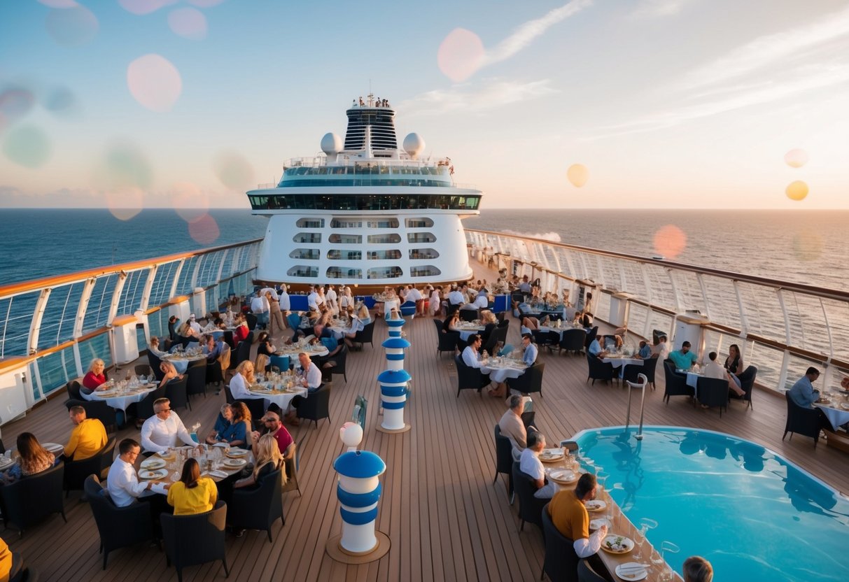 Passengers enjoying onboard activities, dining, and entertainment while surrounded by panoramic ocean views on a Genting cruise ship