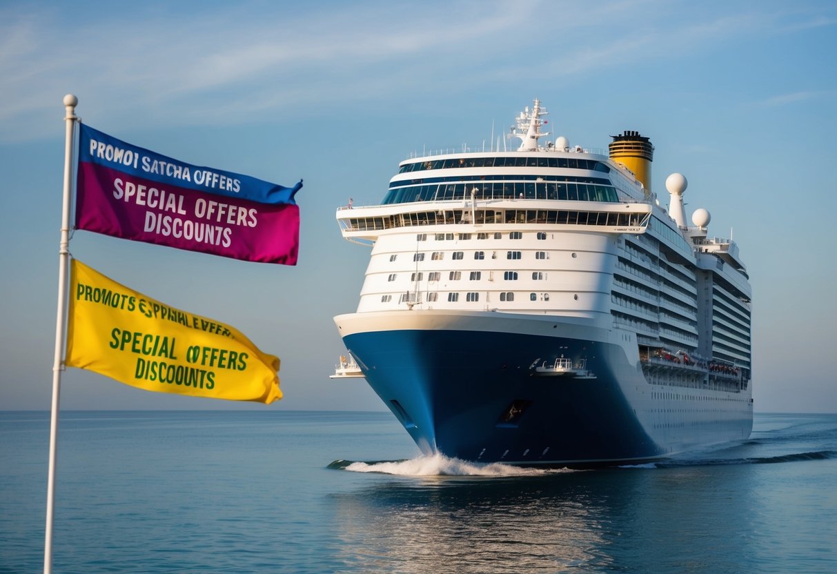 A cruise ship sailing through calm waters, with colorful banners and signs promoting special offers and discounts fluttering in the gentle breeze