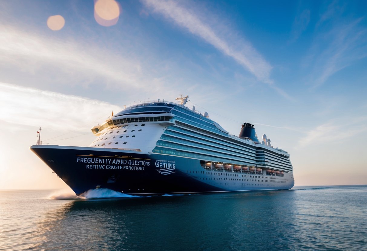 A cruise ship sailing through calm waters with a banner displaying "Frequently Asked Questions genting cruise promotions" on the side