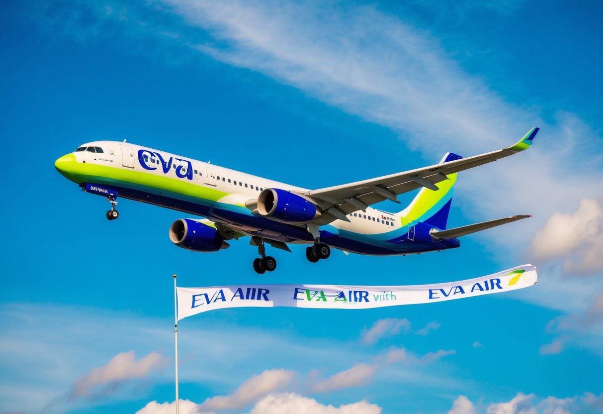 A colorful airplane flying through a bright blue sky with a banner trailing behind, promoting Eva Air