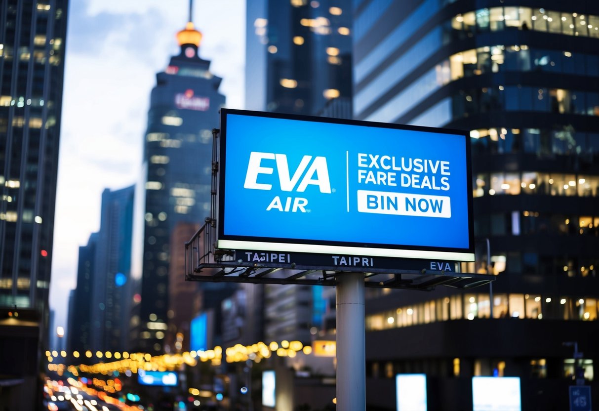 A bustling Taipei cityscape with a prominent Eva Air billboard advertising exclusive fare deals. Bright lights and tall buildings fill the background, creating a sense of excitement and opportunity