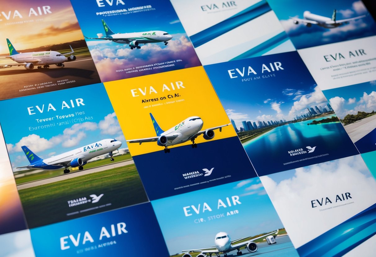 A colorful collage of EVA Air's promotional materials, including images of airplanes, travel destinations, and special offers