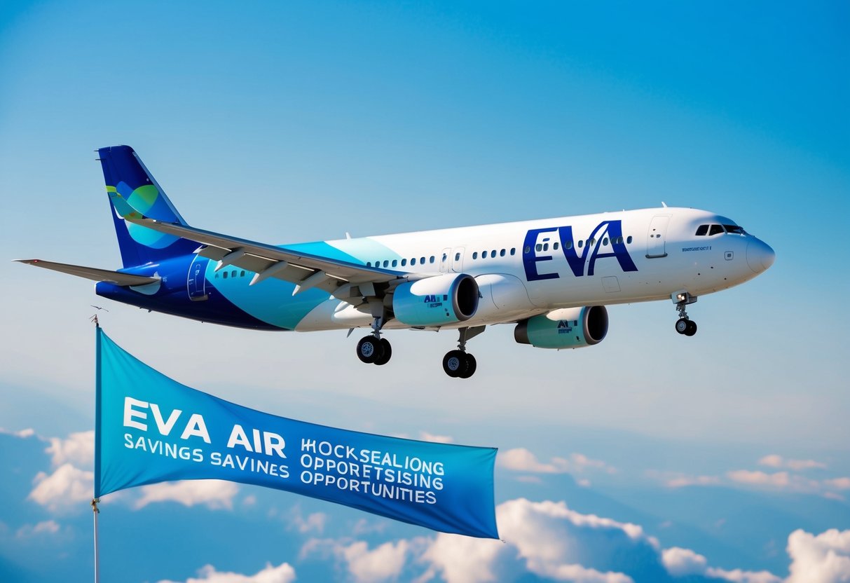 A plane flying through a clear blue sky with a promotional banner trailing behind, showcasing the Eva Air logo and advertising savings opportunities
