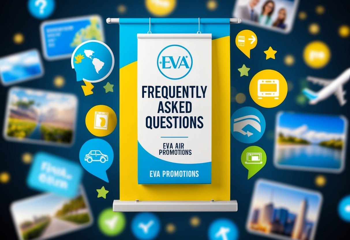 A colorful banner with "Frequently Asked Questions" and "Eva Air Promotions" surrounded by travel-related imagery and icons