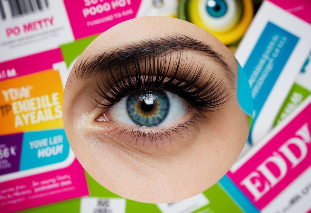 A close-up of an eye with long, voluminous eyelashes, surrounded by colorful and eye-catching promotional materials