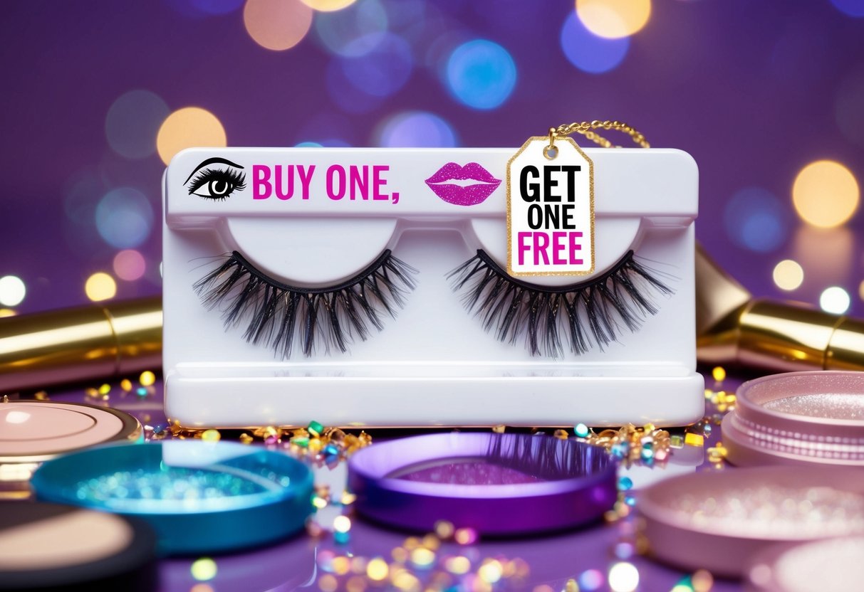 A pair of long, fluttery eyelashes with a "buy one, get one free" tag, surrounded by colorful and sparkly makeup products
