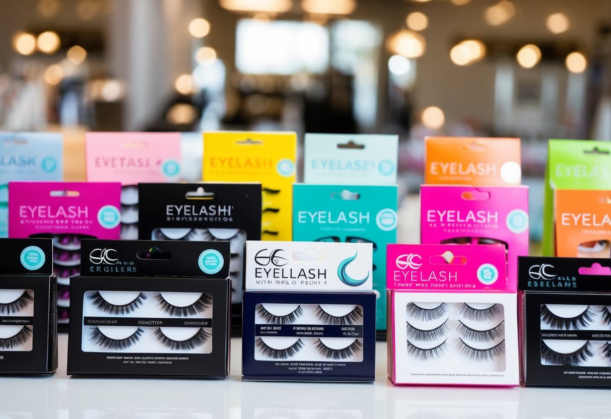 A display of various eyelash promotion materials arranged neatly on a table, with bright, eye-catching colors and attractive packaging