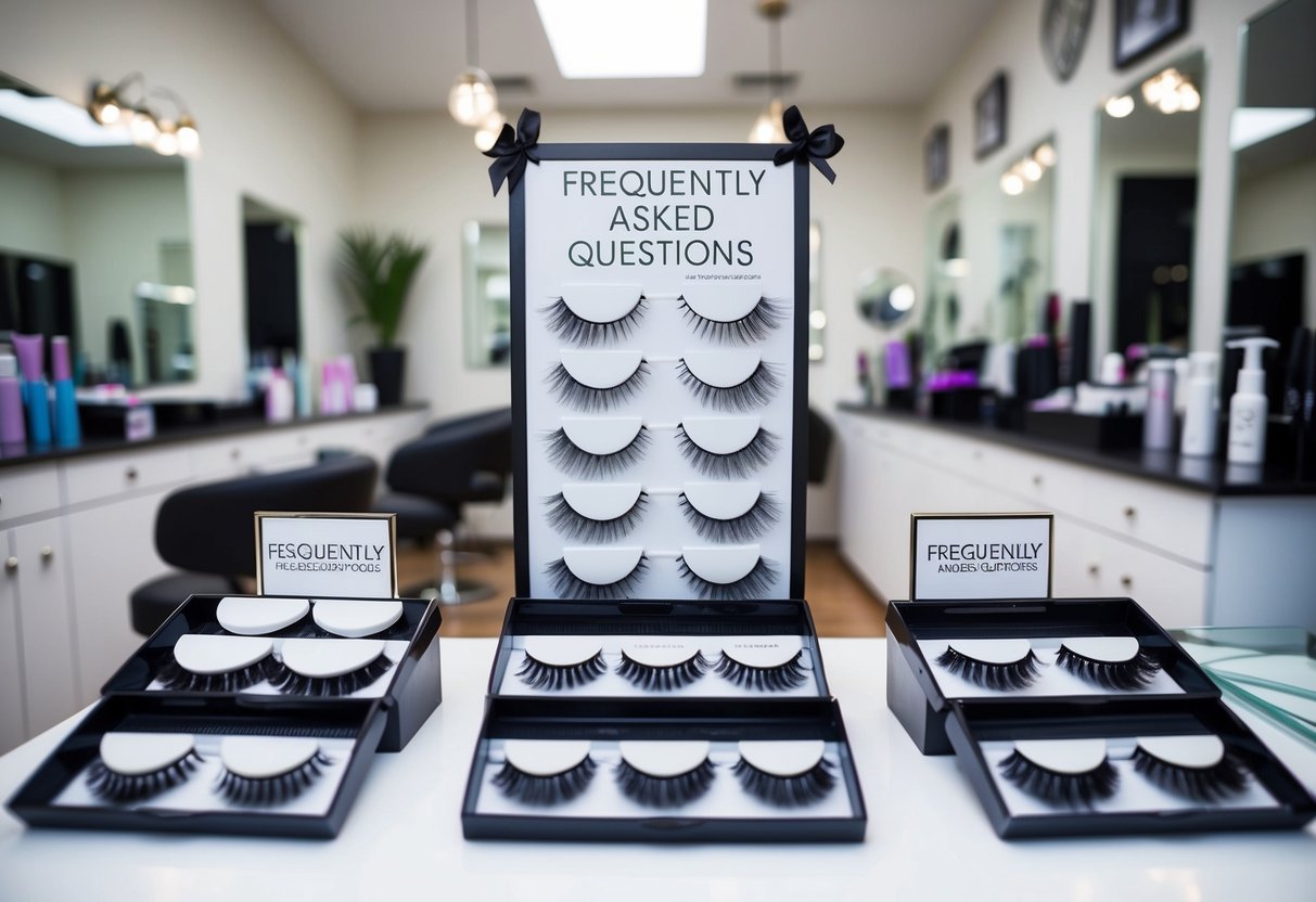 A display of various eyelash products with a banner promoting "Frequently Asked Questions" in a beauty salon setting