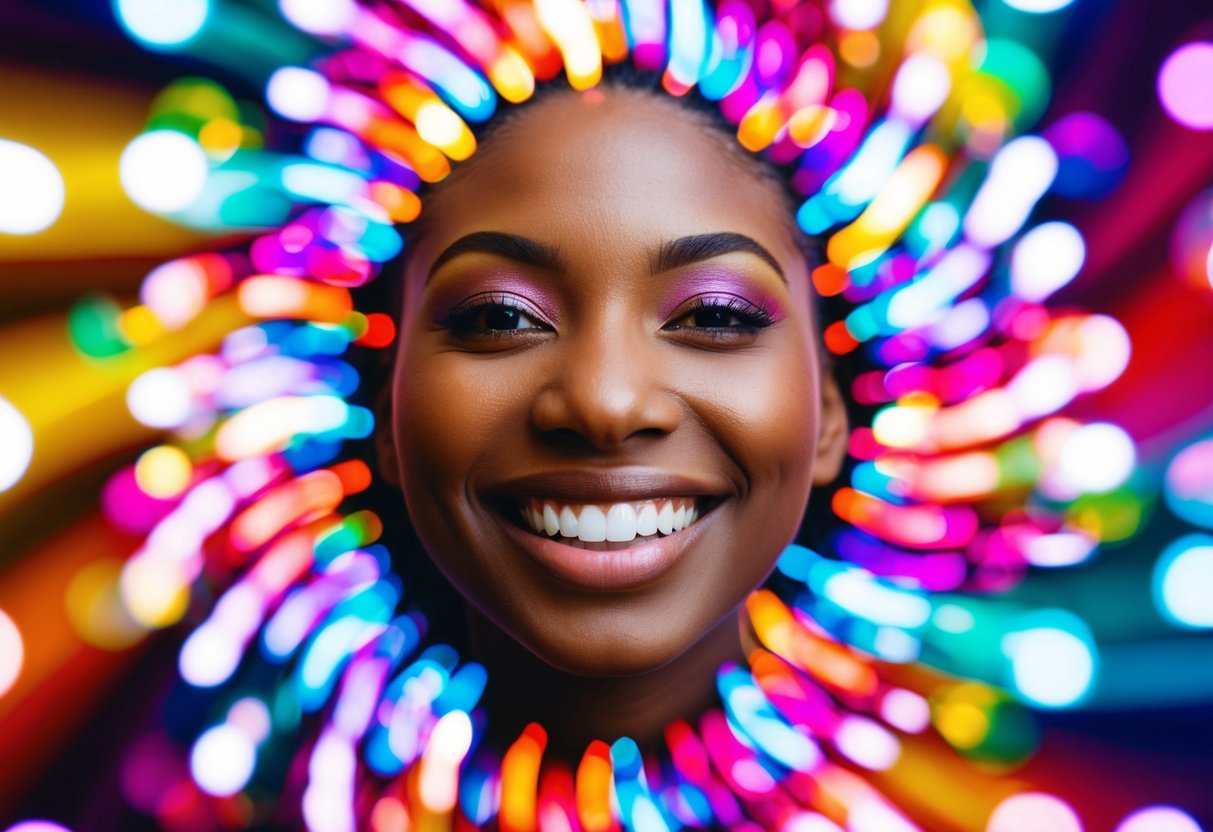A smiling, radiant face surrounded by colorful, swirling patterns