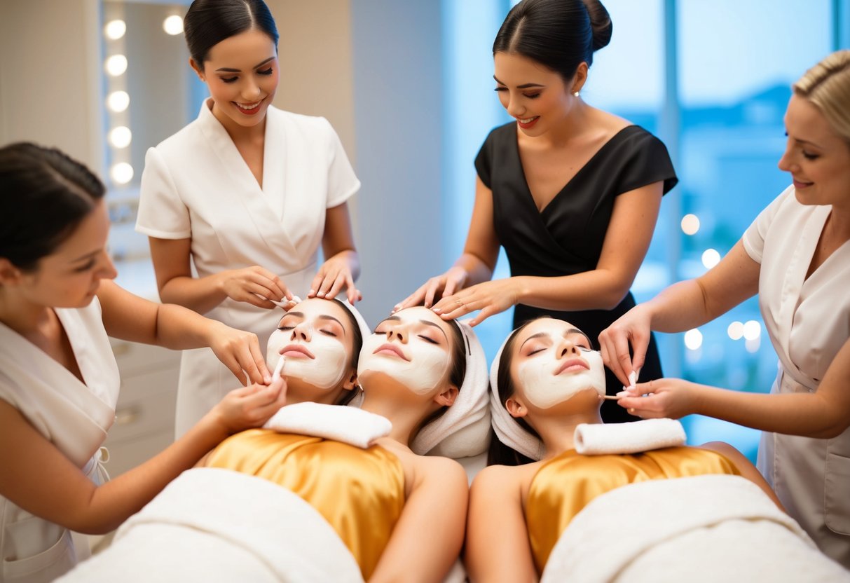 A group of women in elegant dresses receiving luxurious facials at a spa, surrounded by soft lighting and relaxing music