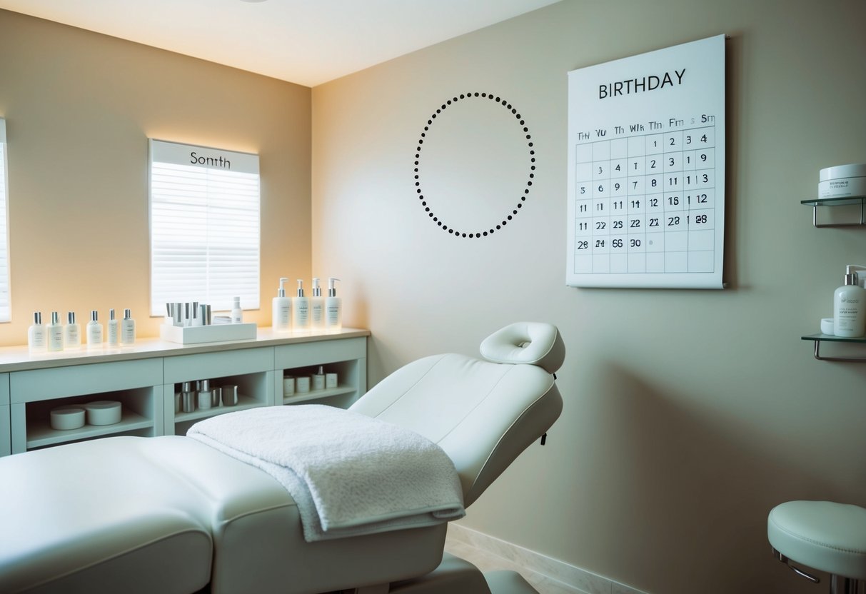 A serene spa room with soft lighting, a comfortable facial chair, and shelves of skincare products. A calendar on the wall displays the current month with a circle around the user's birthday