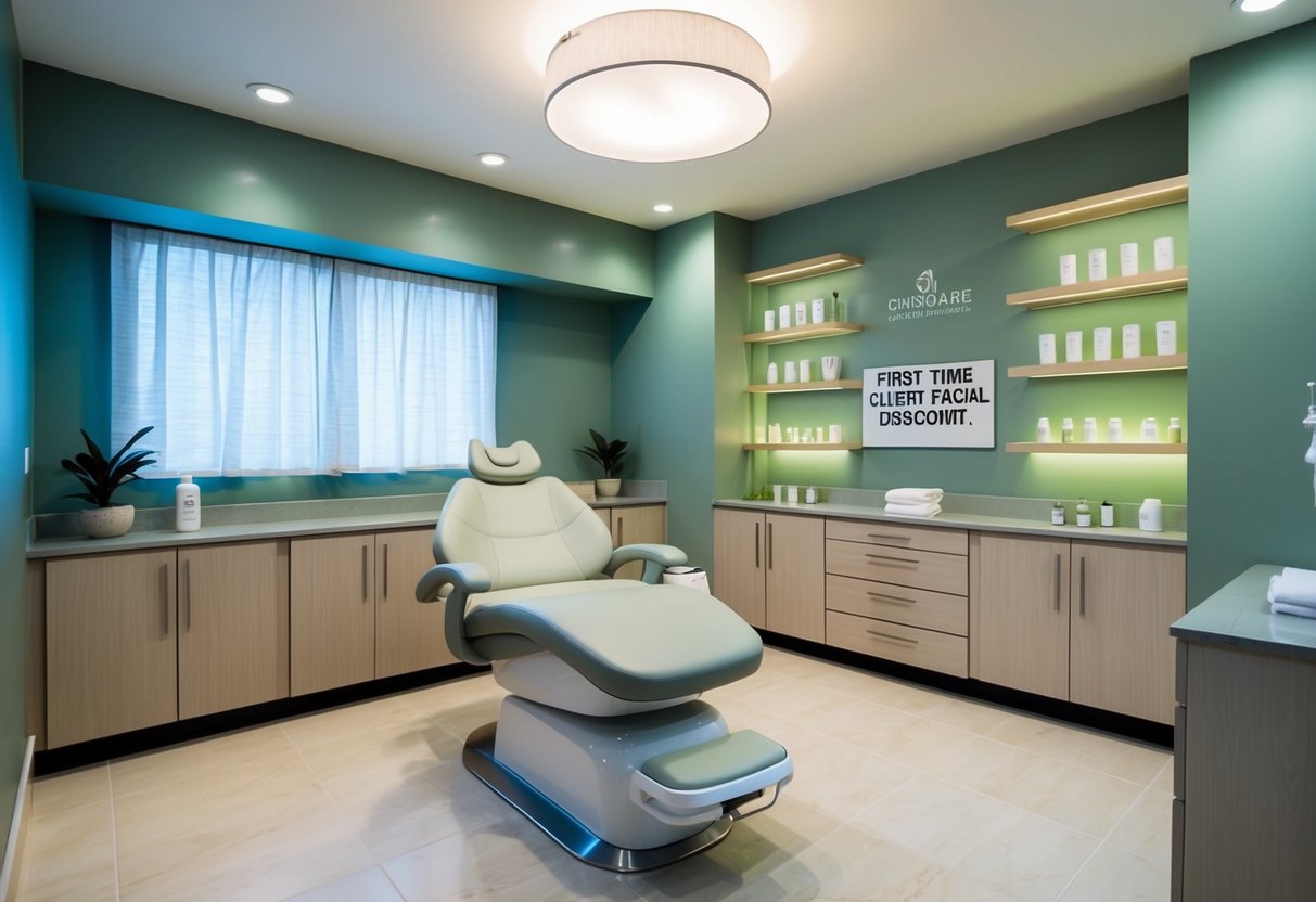A serene spa room with soft lighting, a comfortable facial chair, and shelves of skincare products. A sign advertises "First Time Client Facial Discount."