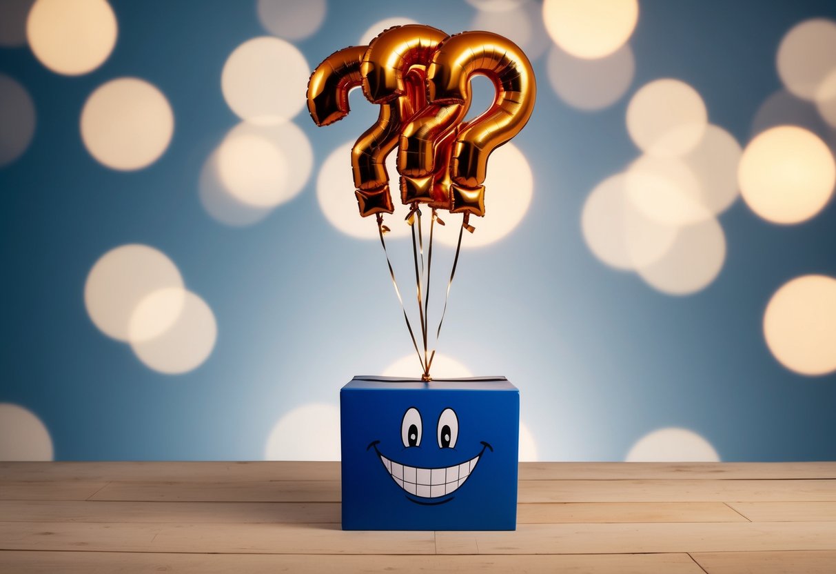A stack of question mark balloons floating above a smiling, open-mouthed cartoon face