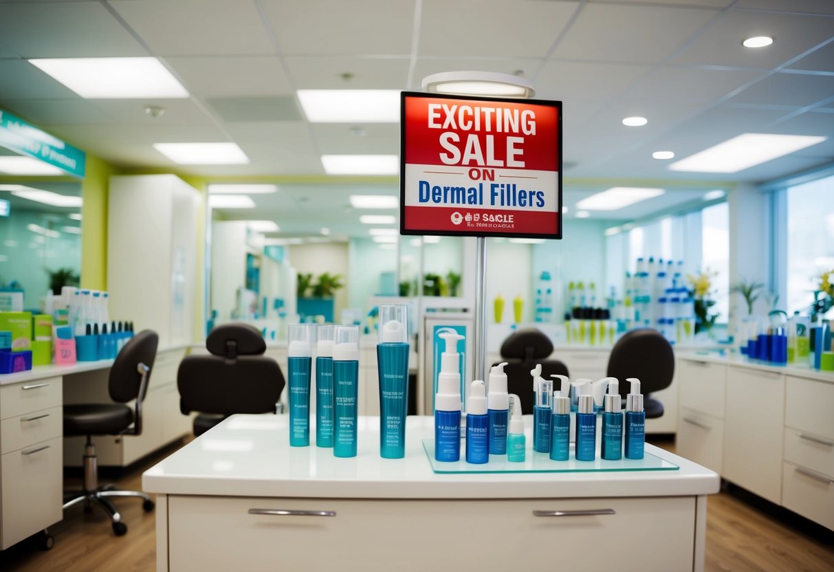 A bustling beauty clinic with colorful product displays and a prominent "Exciting Sale on Dermal Fillers" sign