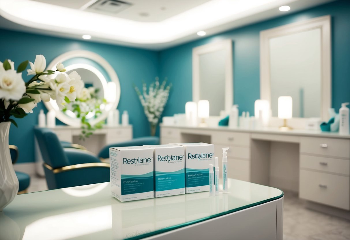 A serene beauty center with elegant decor, soft lighting, and a display of Restylane fillers prominently featured