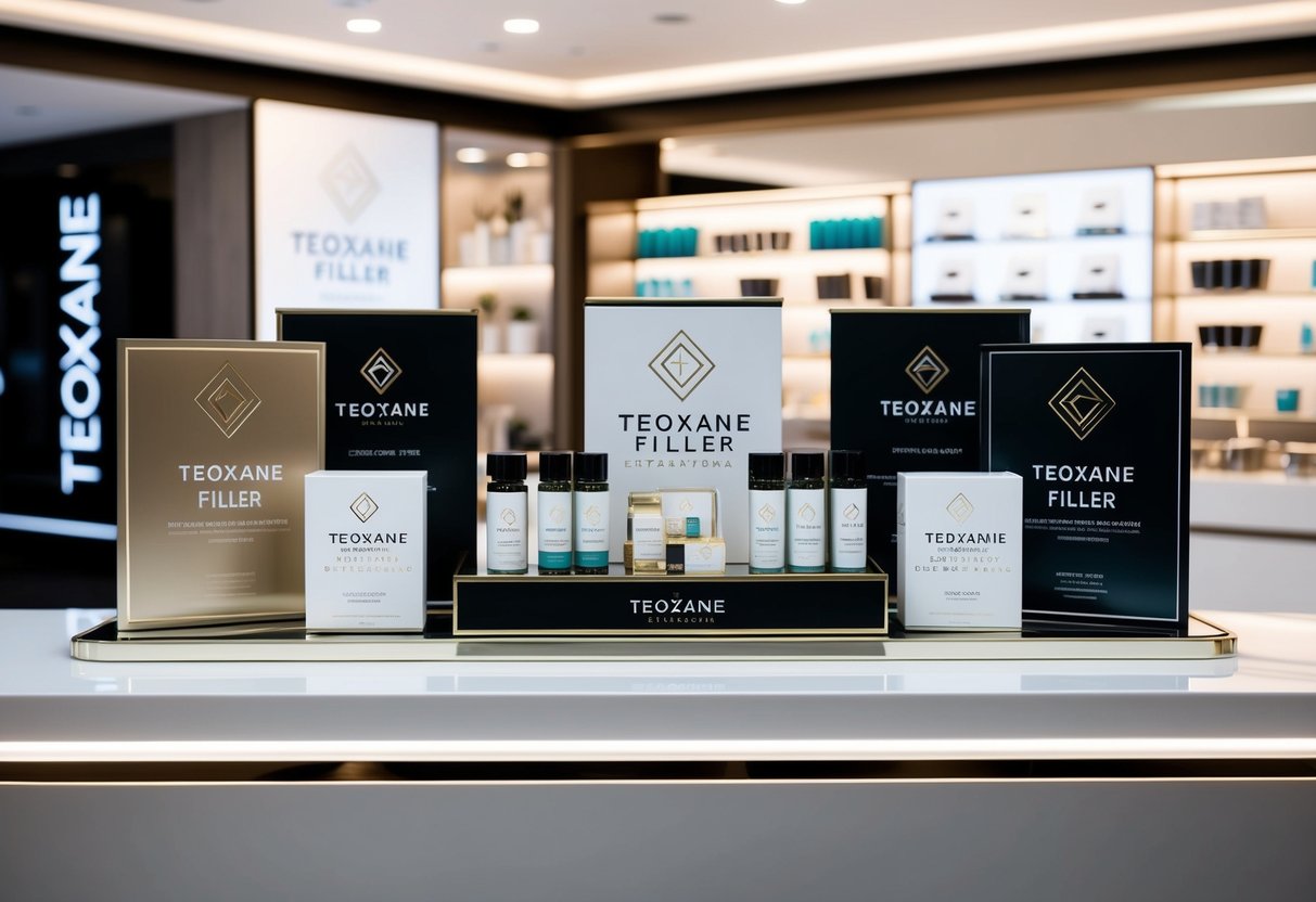 A luxurious display of Teoxane Filler Extravaganza products showcased on a sleek, modern counter with elegant branding and promotional materials