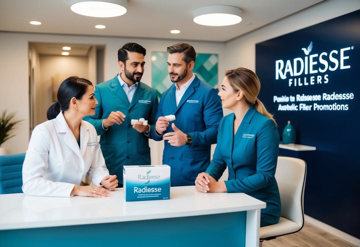 A group of aesthetic experts discussing Radiesse fillers promotions in a modern clinic setting