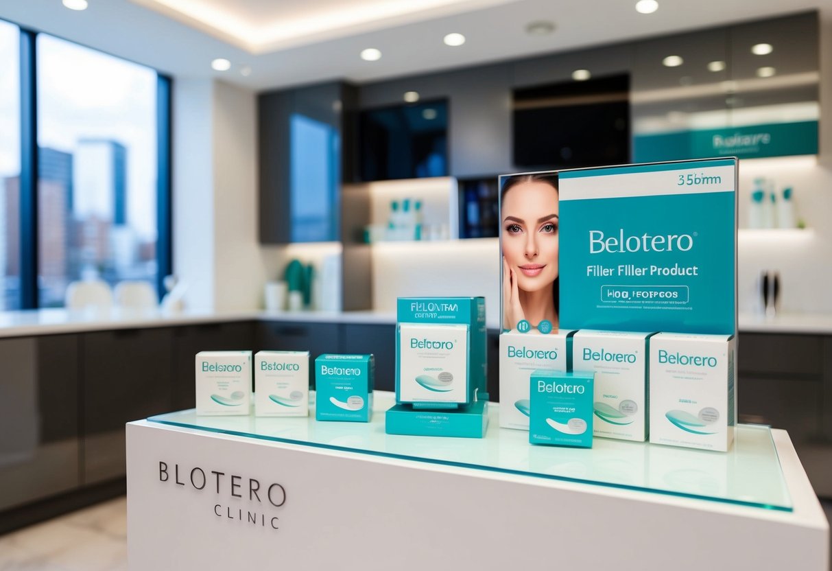 A sleek and modern London clinic with a display of Belotero filler products and promotional offers