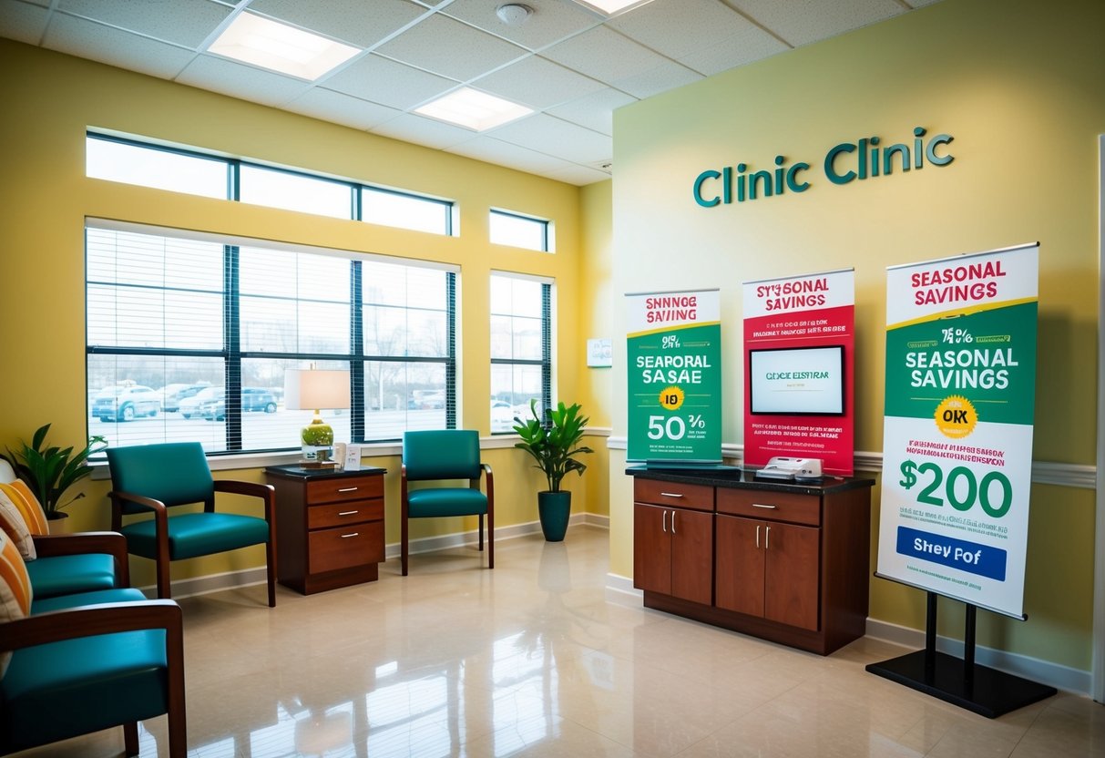 A bright and inviting clinic setting with stylage seasonal savings promotional materials displayed prominently