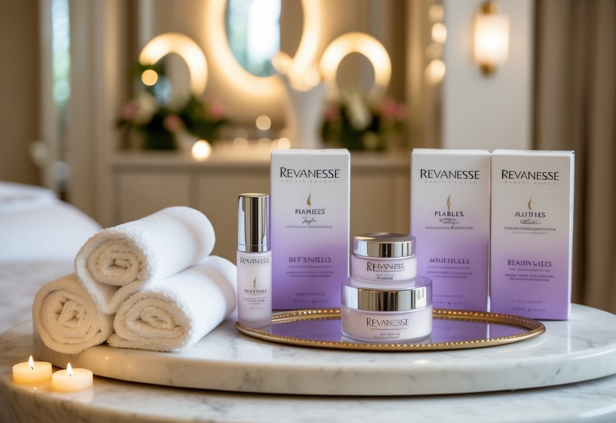 A luxurious spa setting with elegant decor, soft lighting, and a display of Revanesse beauty fillers products
