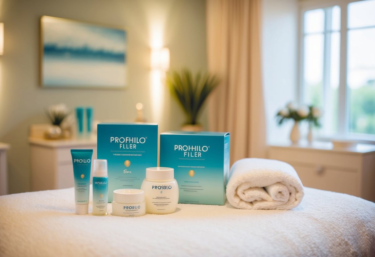 A serene spa setting with elegant decor and soft lighting, showcasing Profhilo filler products and promotional materials