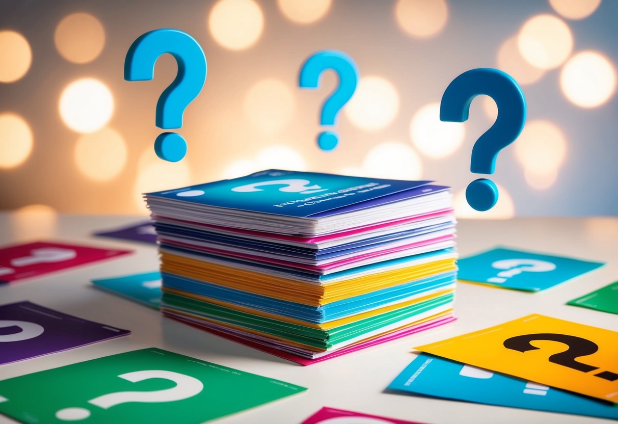 A stack of colorful promotional flyers surrounded by floating question marks