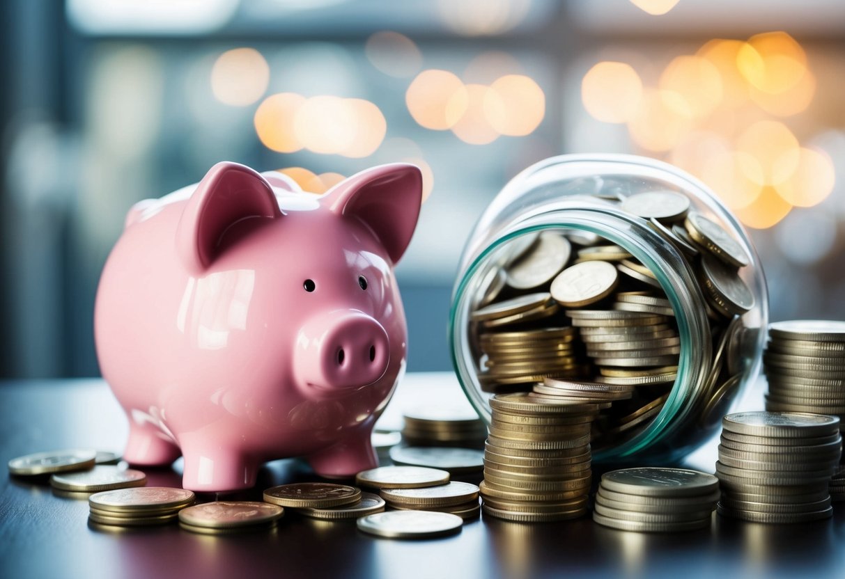 A piggy bank overflowing with coins and surrounded by stacks of money