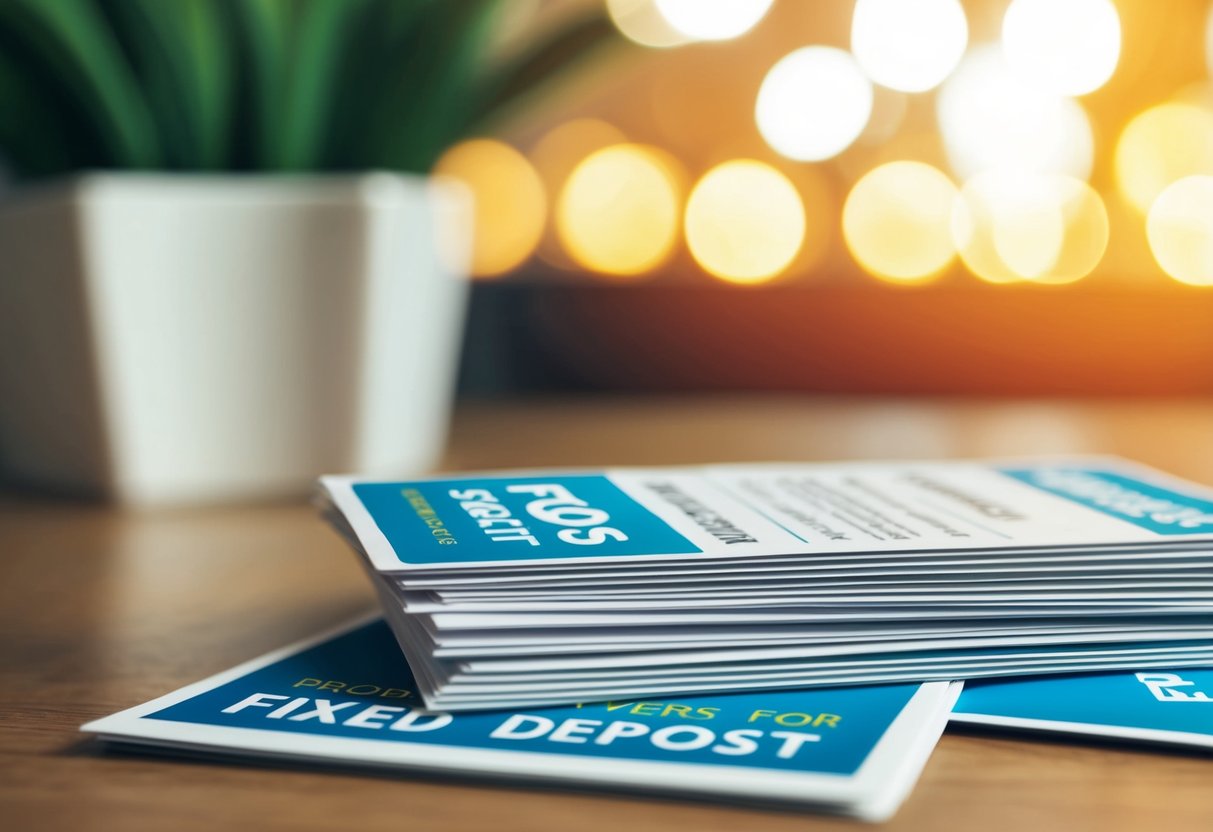 A stack of promotional flyers for fixed deposit FAQs