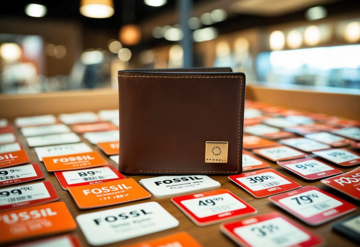 A leather wallet surrounded by various discounted price tags at a Fossil store