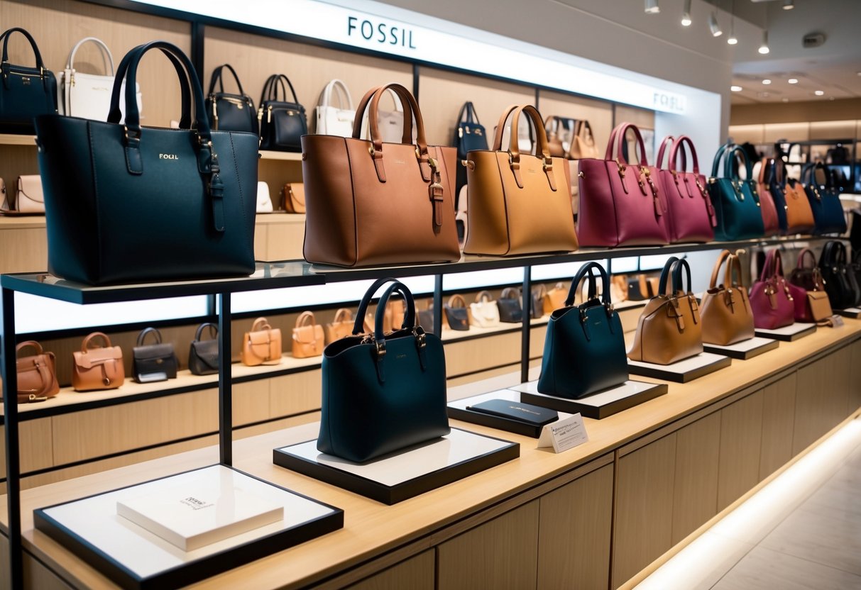 A display of Fossil women's handbags on sale, with various styles and colors arranged neatly on shelves and tables in a well-lit store